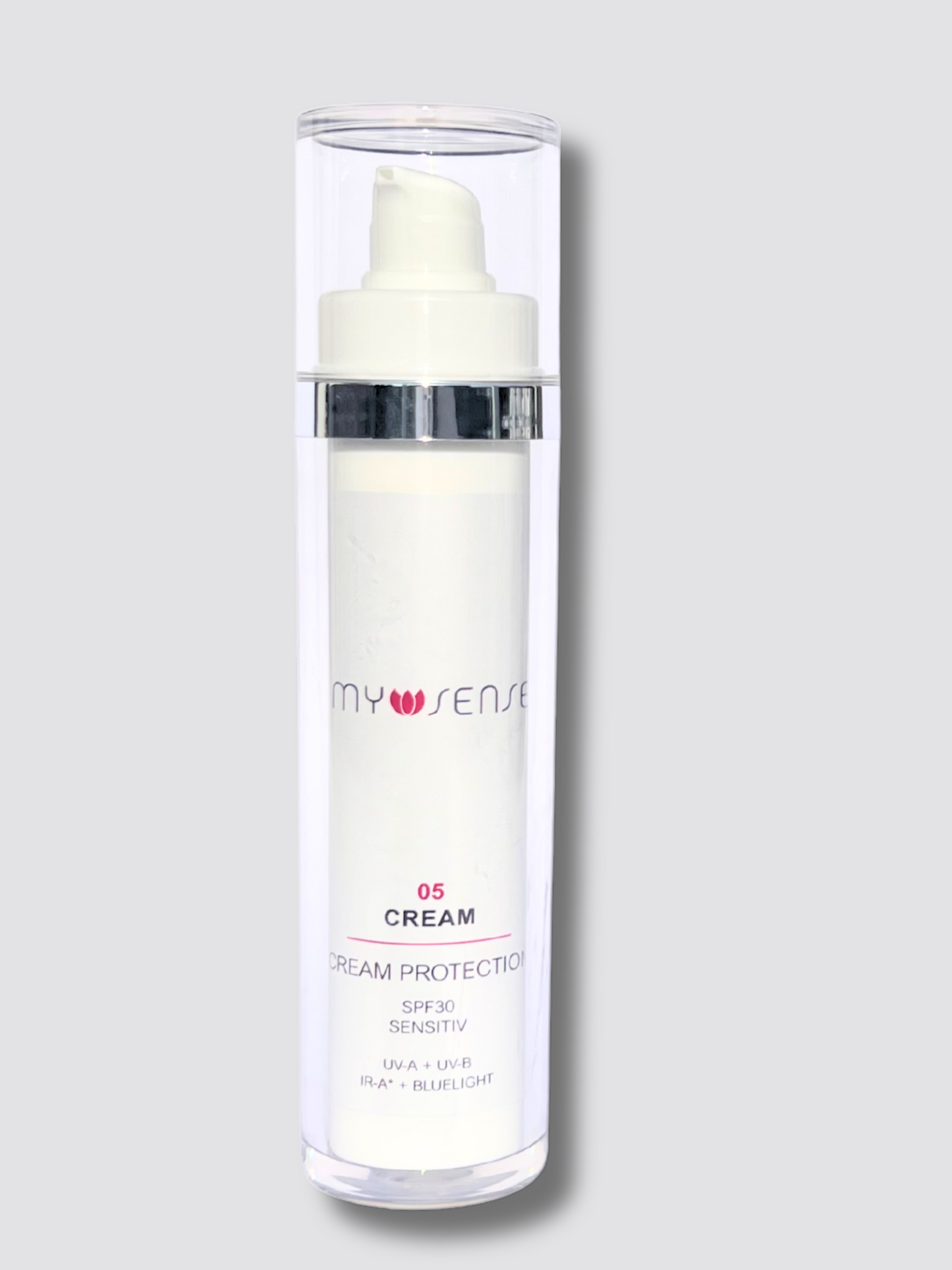 My Sense Cream Protection Sonnenschutz LSF 30 - in weißem Pumpspender mit durchsichtiger Hülse und Deckel (Produktbild)